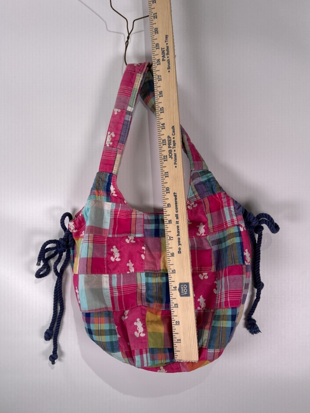 Disney Parks Hobo Bag Mickey Mouse Rope Cinch Plaid Patchwork Pink Multi OS - Picture 11 of 13
